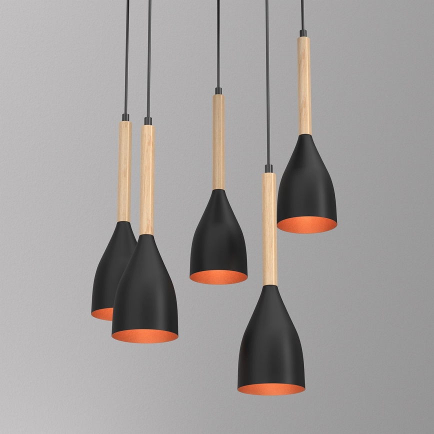 Candeeiro suspenso MUZA 5xE27/15W/230V preto/bege/cobre/faia