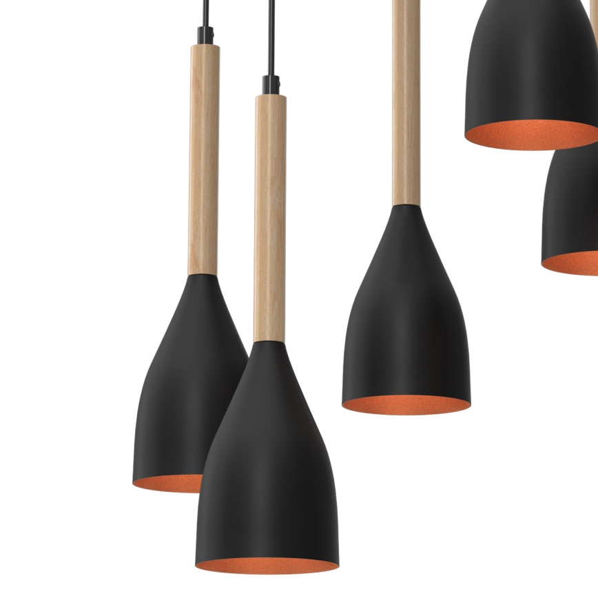 Candeeiro suspenso MUZA 5xE27/15W/230V preto/bege/cobre/faia
