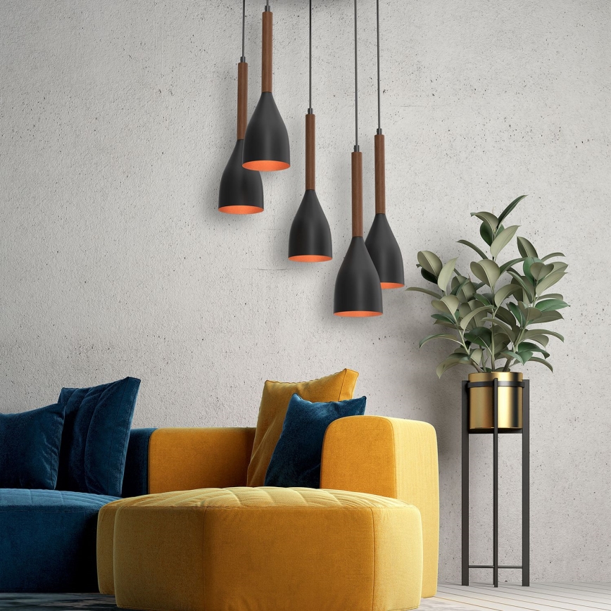 Candeeiro suspenso MUZA 5xE27/15W/230V preto/castanho/cobre/faia
