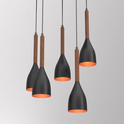 Candeeiro suspenso MUZA 5xE27/15W/230V preto/castanho/cobre/faia