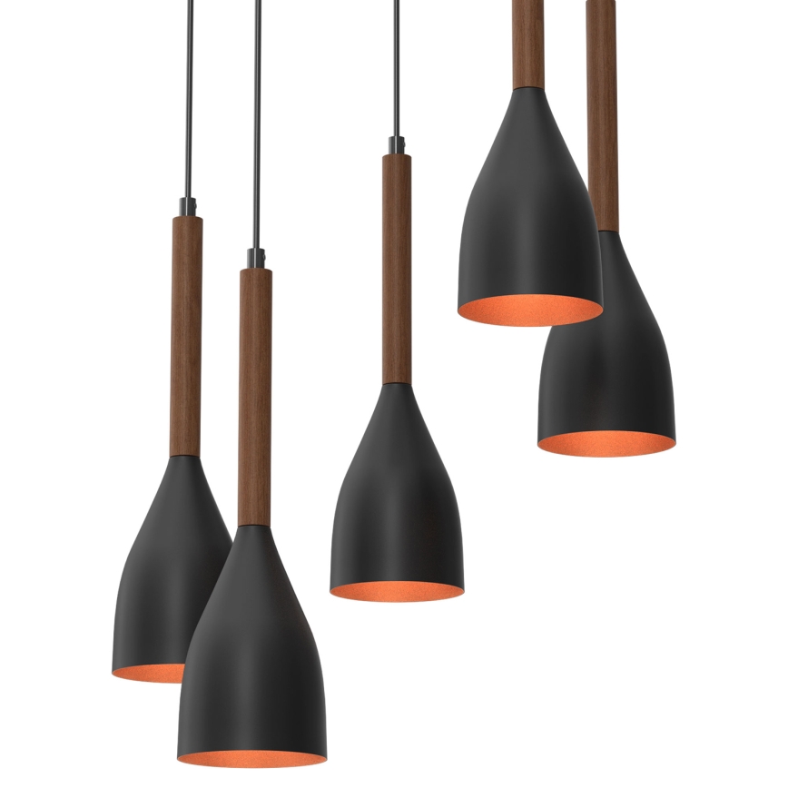 Candeeiro suspenso MUZA 5xE27/15W/230V preto/castanho/cobre/faia