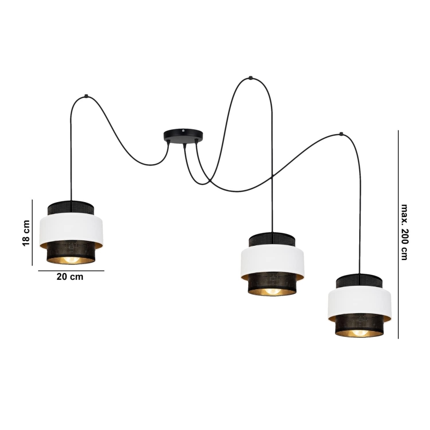 Candeeiro suspenso NESS 3xE27/60W/230V aranha preto/branco