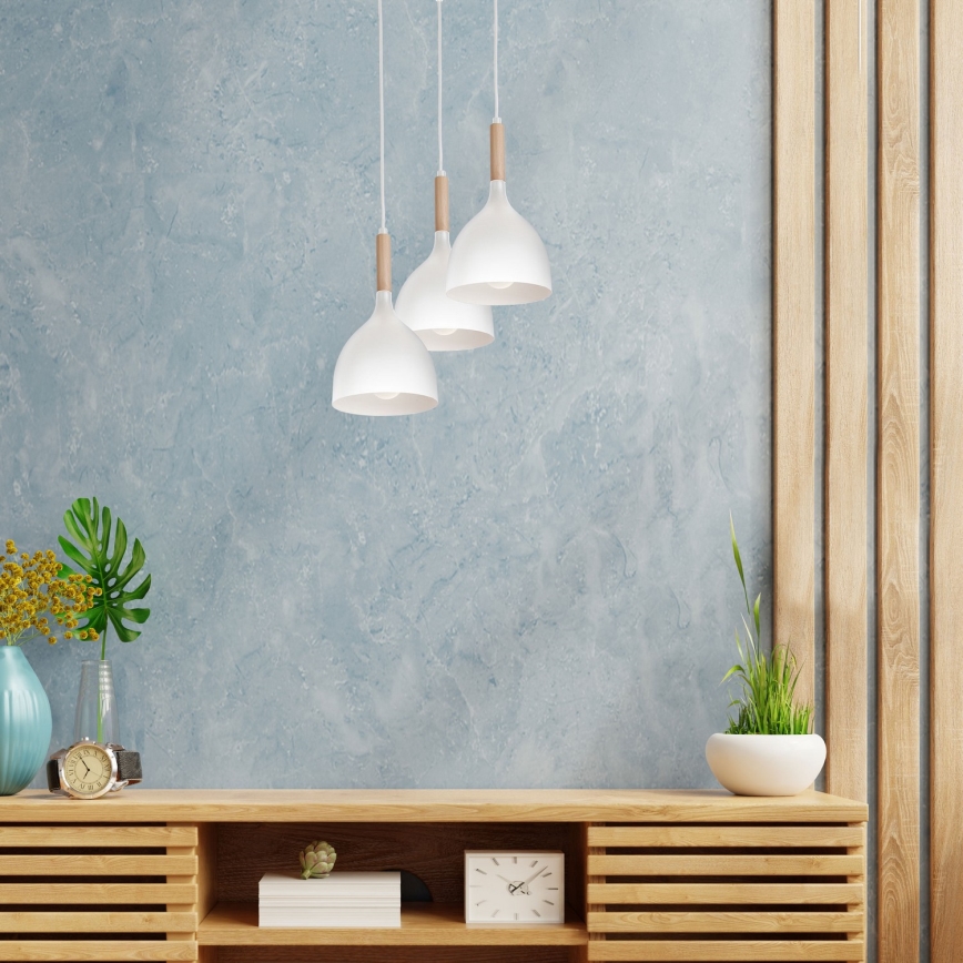Candeeiro suspenso NOAK WOOD 3xE27/15W/230V branco/faia
