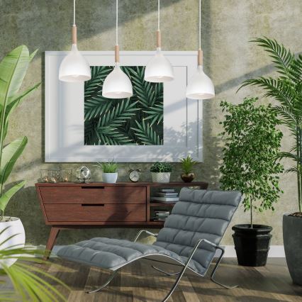 Candeeiro suspenso NOAK WOOD 4xE27/15W/230V branco/faia