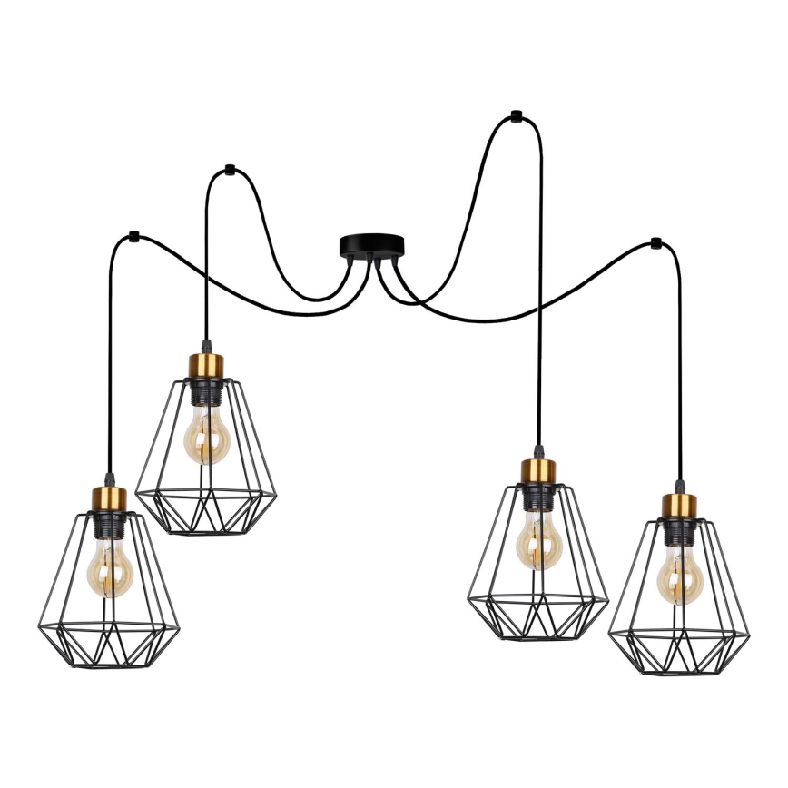 Candeeiro suspenso PRIMO 4xE27/60W/230V aranha preto/dourado
