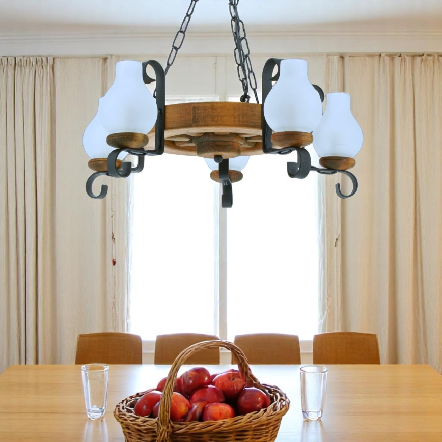 Candeeiro suspenso ROATA 5xE14/40W/230V diâmetro 30 cm faia
