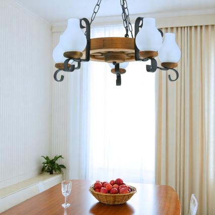 Candeeiro suspenso ROATA 5xE14/40W/230V diâmetro 30 cm faia