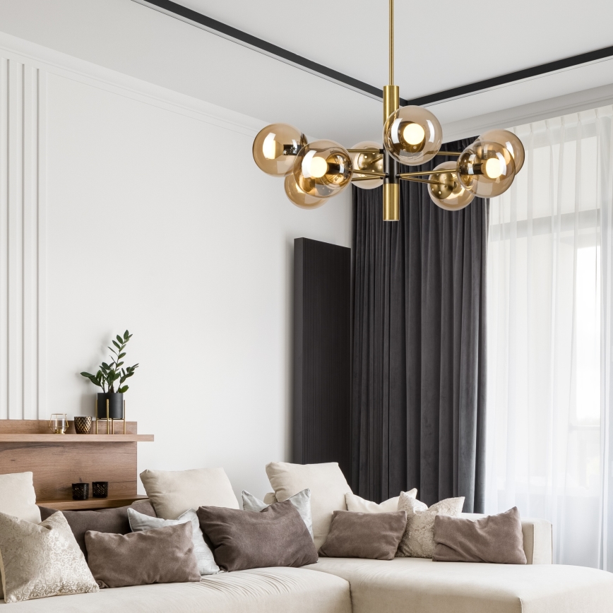 Candeeiro suspenso ROLLO 8xE14/5W/230V dourado/fumado bege