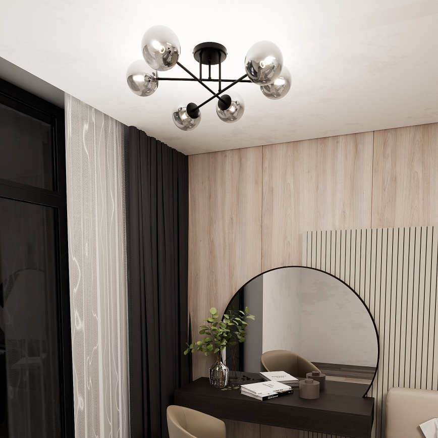 Candeeiro suspenso ROMA 6xE14/10W/230V preto/fumado