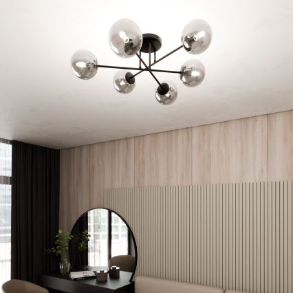 Candeeiro suspenso ROMA 6xE14/10W/230V preto/fumado