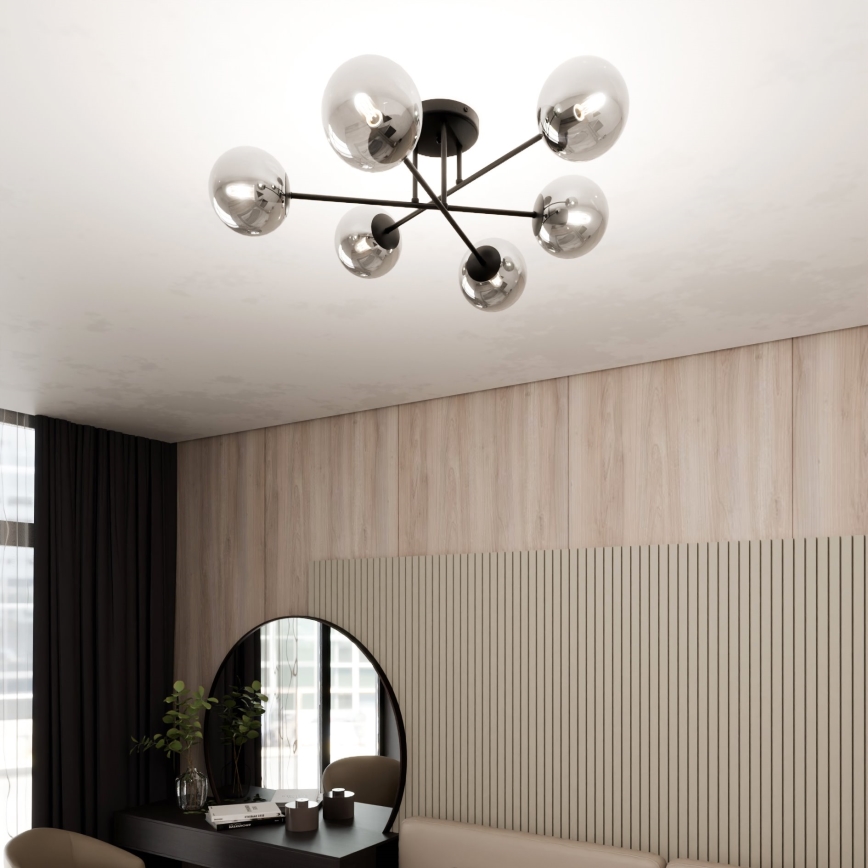 Candeeiro suspenso ROMA 6xE14/10W/230V preto/fumado