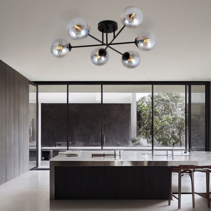 Candeeiro suspenso ROMA 6xE14/10W/230V preto/fumado