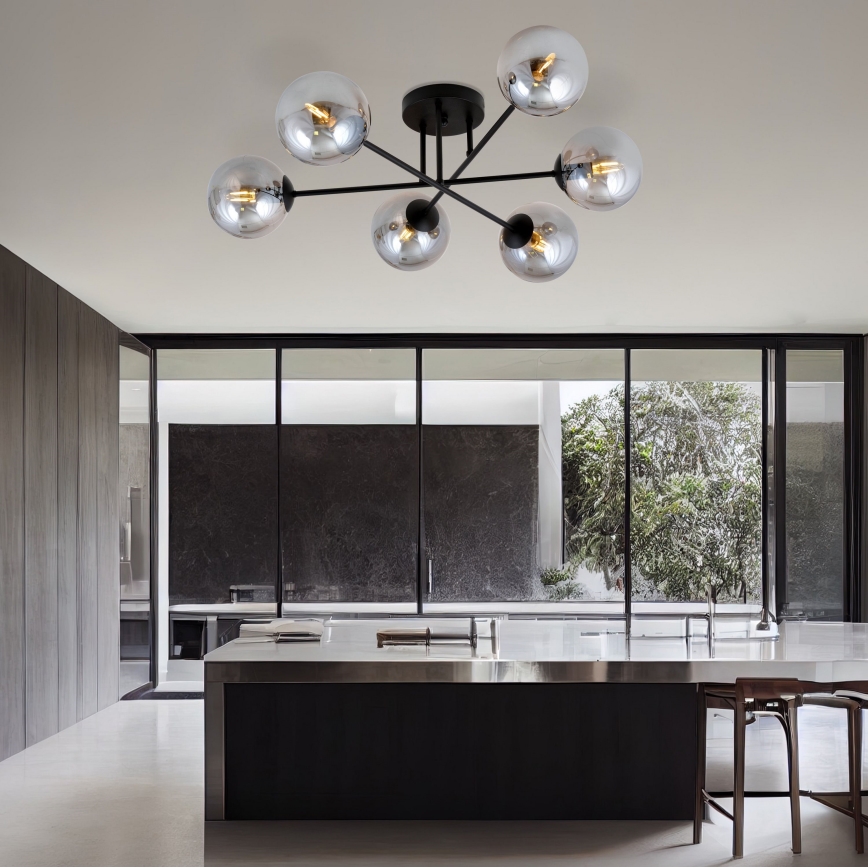 Candeeiro suspenso ROMA 6xE14/10W/230V preto/fumado