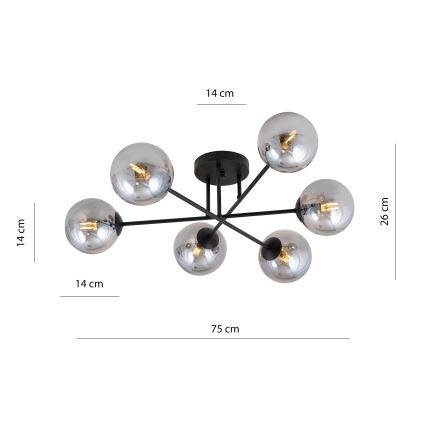 Candeeiro suspenso ROMA 6xE14/10W/230V preto/fumado