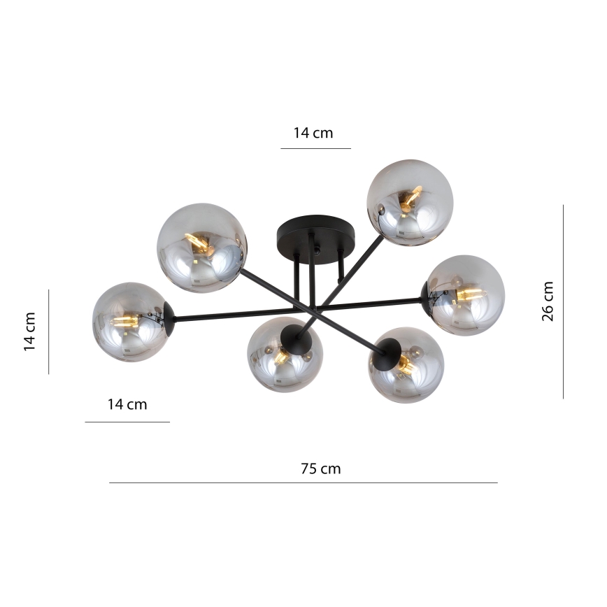 Candeeiro suspenso ROMA 6xE14/10W/230V preto/fumado