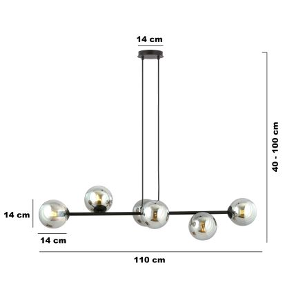 Candeeiro suspenso ROSSI 6xE14/10W/230V preto/cinzento