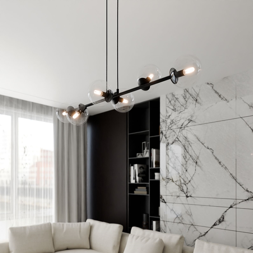Candeeiro suspenso ROSSI 6xE14/10W/230V preto/transparente