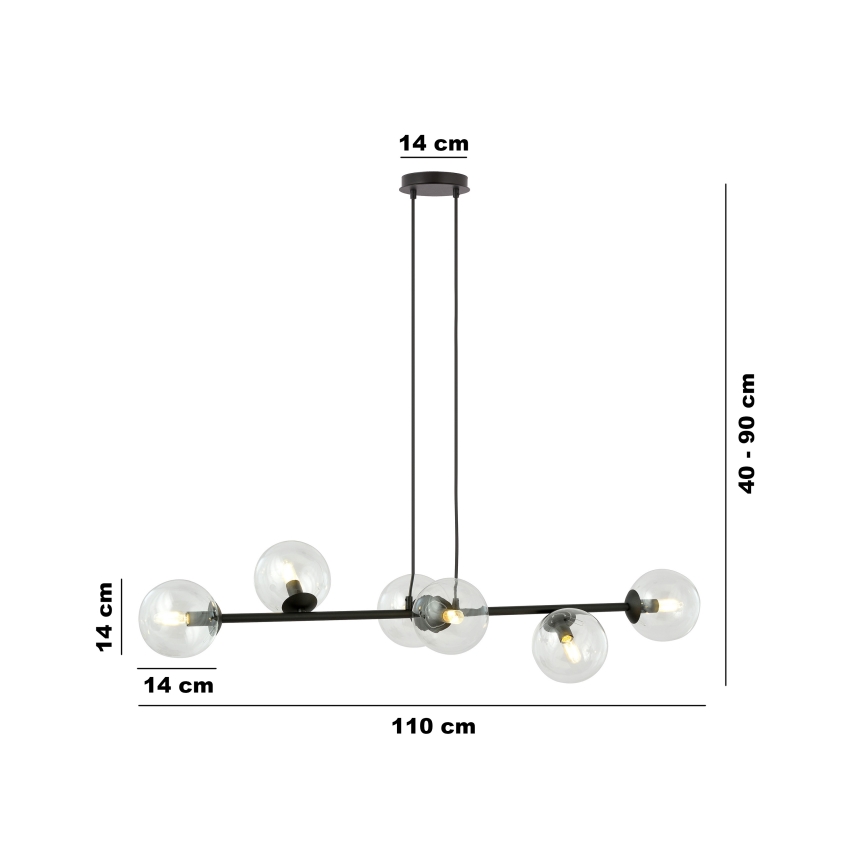 Candeeiro suspenso ROSSI 6xE14/10W/230V preto/transparente