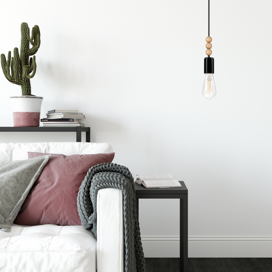 Candeeiro suspenso SIMON 1xE27/60W/230V preto/faia