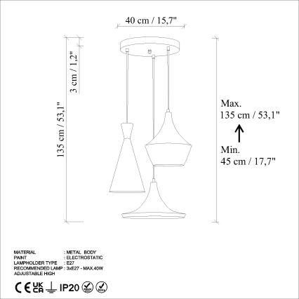 Candeeiro suspenso TOM 3xE27/40W/230V cinzento