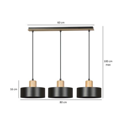 Candeeiro suspenso TORIN 3xE27/15W/230V preto