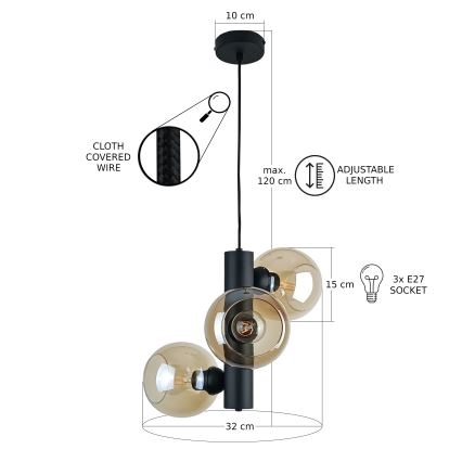 Candeeiro suspenso TUBE 3xE27/60W/230V preto/fumado bege
