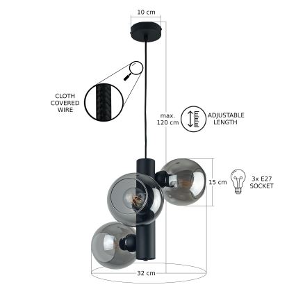 Candeeiro suspenso TUBE 3xE27/60W/230V preto/fumado preto