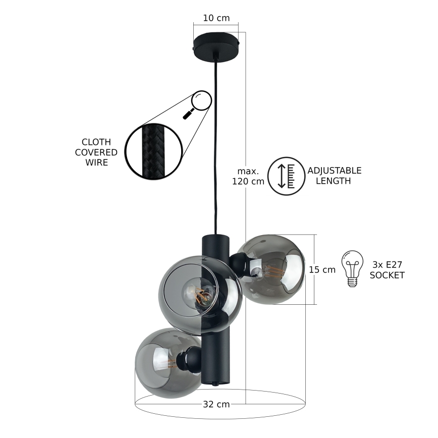 Candeeiro suspenso TUBE 3xE27/60W/230V preto/fumado preto