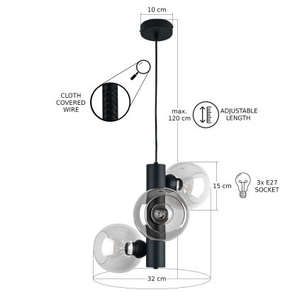 Candeeiro suspenso TUBE 3xE27/60W/230V preto/transparente