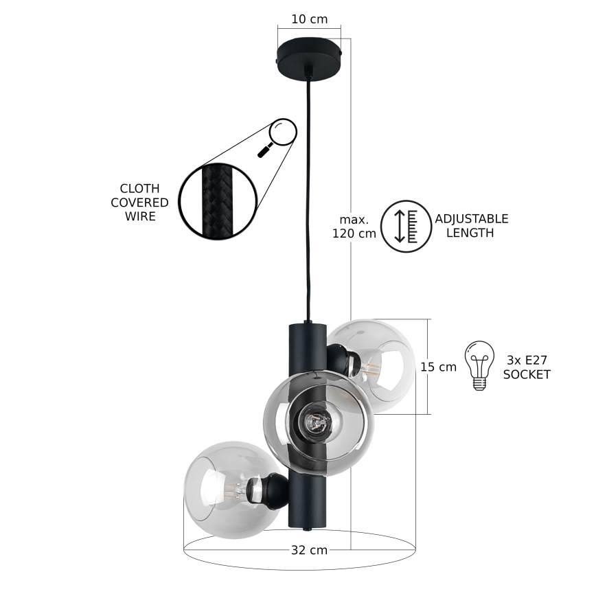 Candeeiro suspenso TUBE 3xE27/60W/230V preto/transparente