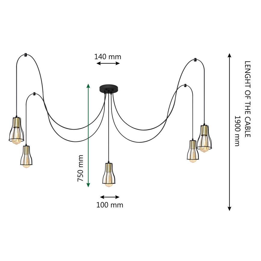 Candeeiro suspenso TUBE 5xE27/15W/230V aranha preto/cromado brilhante