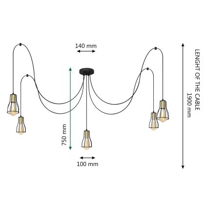 Candeeiro suspenso TUBE 5xE27/15W/230V aranha preto/dourado