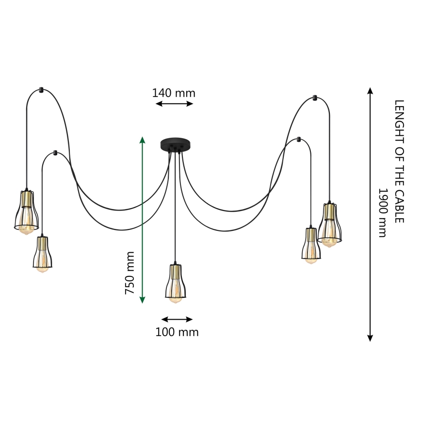 Candeeiro suspenso TUBE 5xE27/15W/230V aranha preto/dourado