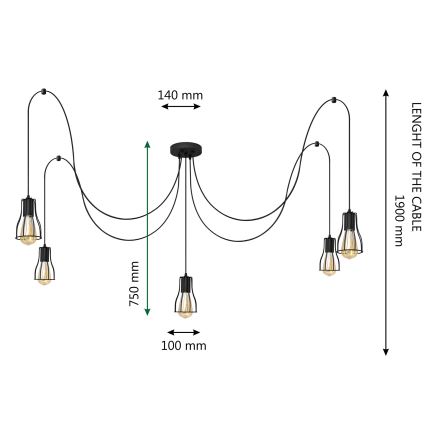 Candeeiro suspenso TUBE 5xE27/15W/230V aranha preto