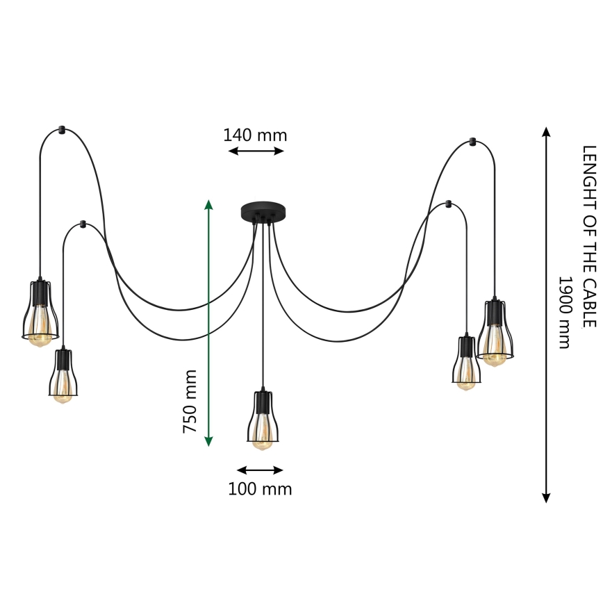 Candeeiro suspenso TUBE 5xE27/15W/230V aranha preto