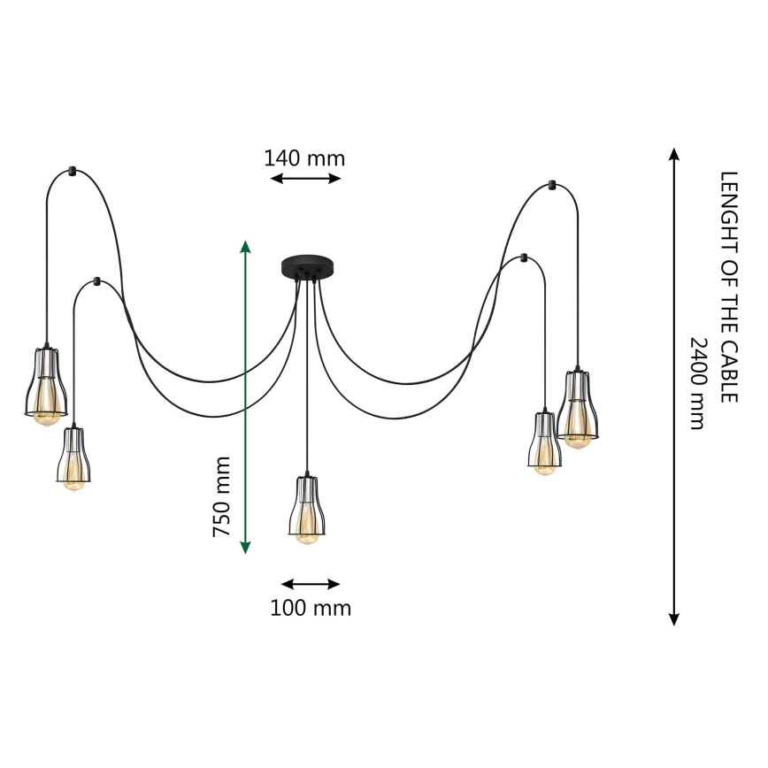 Candeeiro suspenso TUBE LONG 5xE27/15W/230V preto/cromado brilhante
