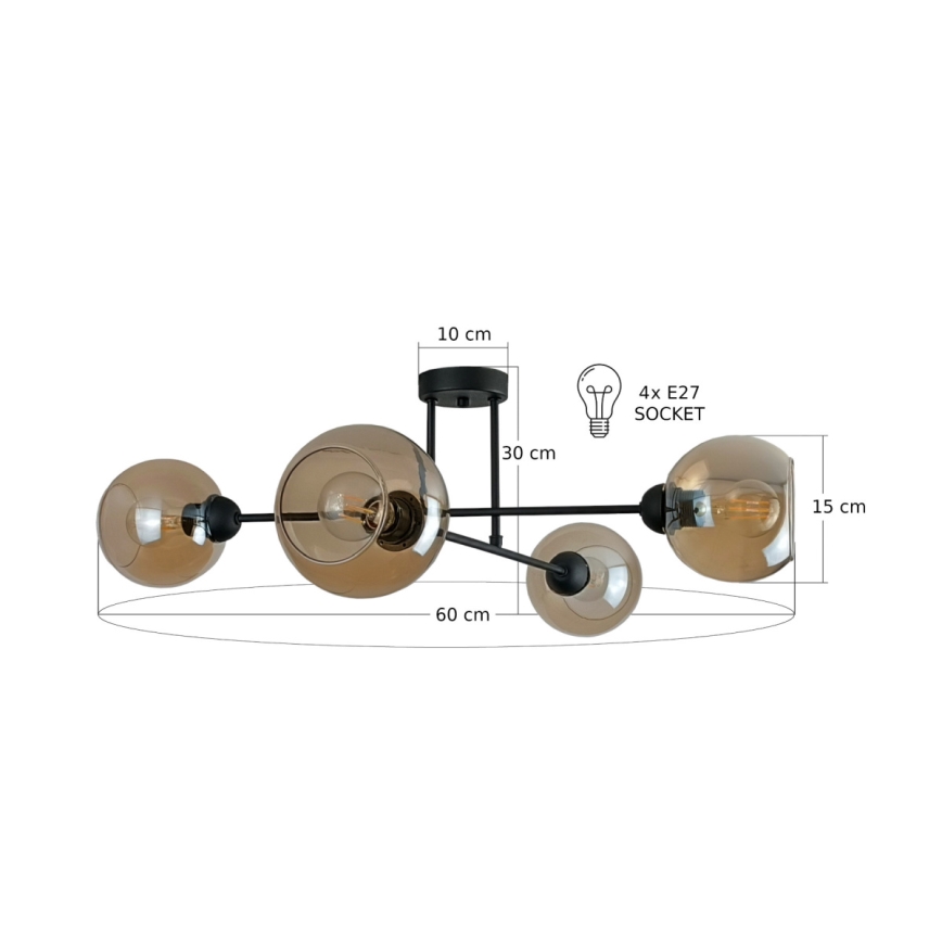 Candeeiro suspenso VASCO 4xE27/60W/230V preto/fumado bege