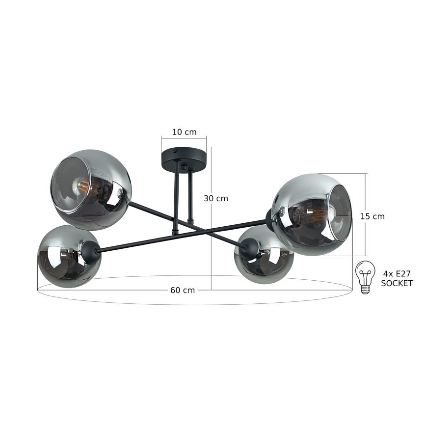 Candeeiro suspenso VASCO 4xE27/60W/230V preto/fumado preto