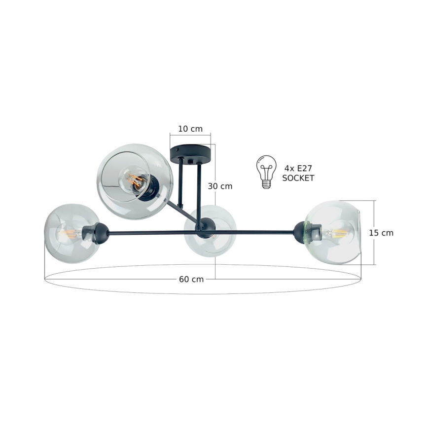 Candeeiro suspenso VASCO 4xE27/60W/230V preto/transparente