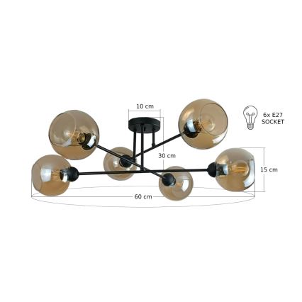 Candeeiro suspenso VASCO 6xE27/60W/230V preto/fumado bege