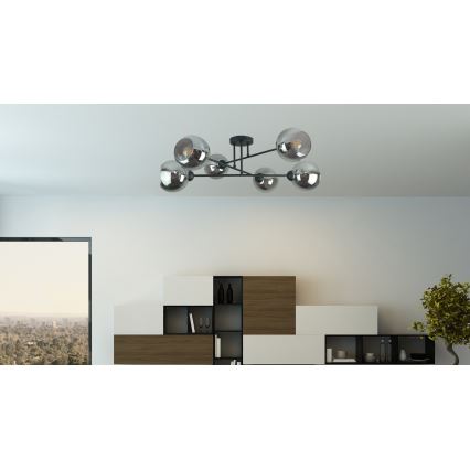 Candeeiro suspenso VASCO 6xE27/60W/230V preto/fumado preto