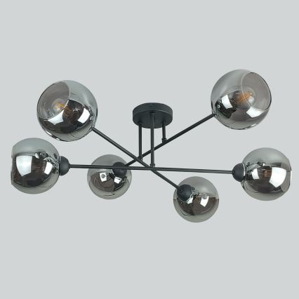 Candeeiro suspenso VASCO 6xE27/60W/230V preto/fumado preto