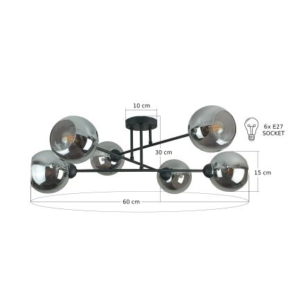 Candeeiro suspenso VASCO 6xE27/60W/230V preto/fumado preto