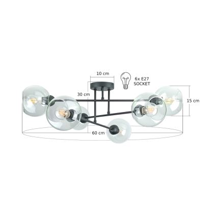Candeeiro suspenso VASCO 6xE27/60W/230V preto/transparente