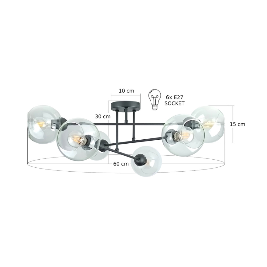 Candeeiro suspenso VASCO 6xE27/60W/230V preto/transparente