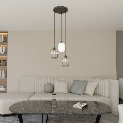 Candeeiro suspenso VERDI 3xE27/15W/230V diâmetro 30 cm preto/cinzento/branco
