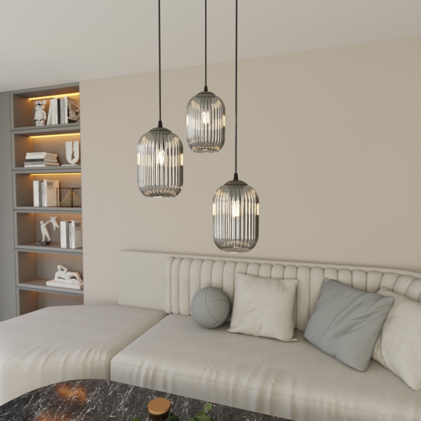 Candeeiro suspenso VERDI 3xE27/15W/230V diâmetro 30 cm preto/cinzento