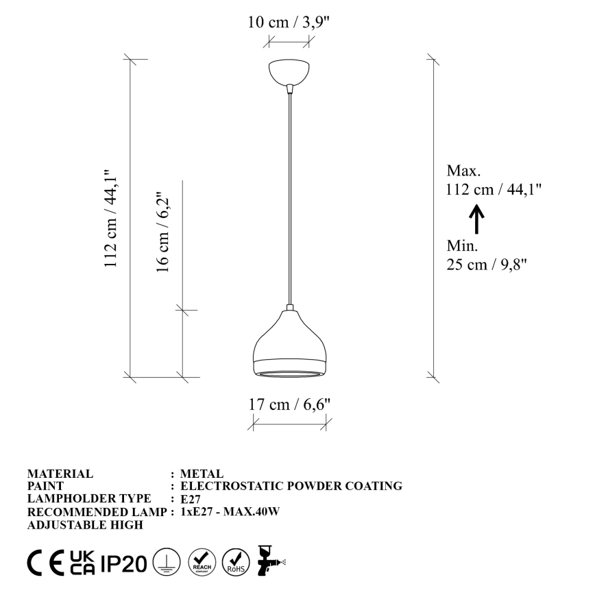 Candeeiro suspenso YILDO 1xE27/40W/230V branco/dourado