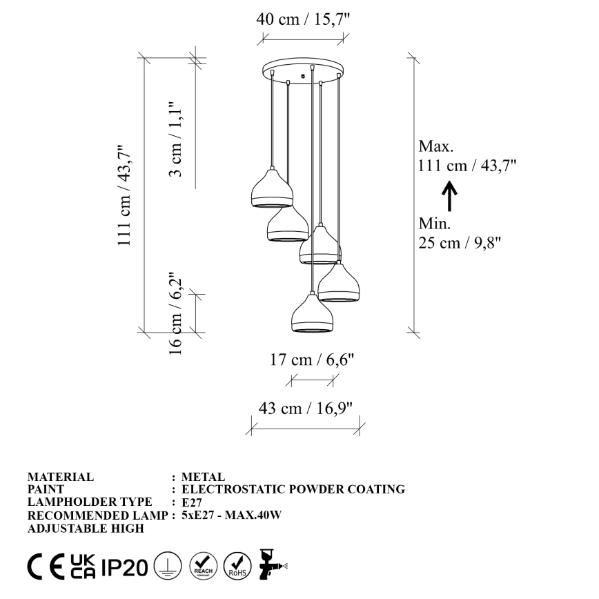 Candeeiro suspenso YILDO 5xE27/40W/230V branco/dourado