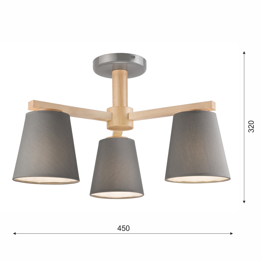 Candelabro integrado ELLIE 3xE27/60W/230V cinzento/faia - FSC certificado